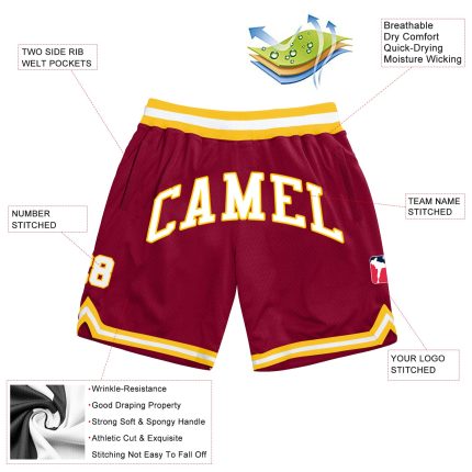 Custom Authentic Throwback Basketball Shorts with Personalized Name and Number - Maroon White Gold Personalized Maroon White-Gold