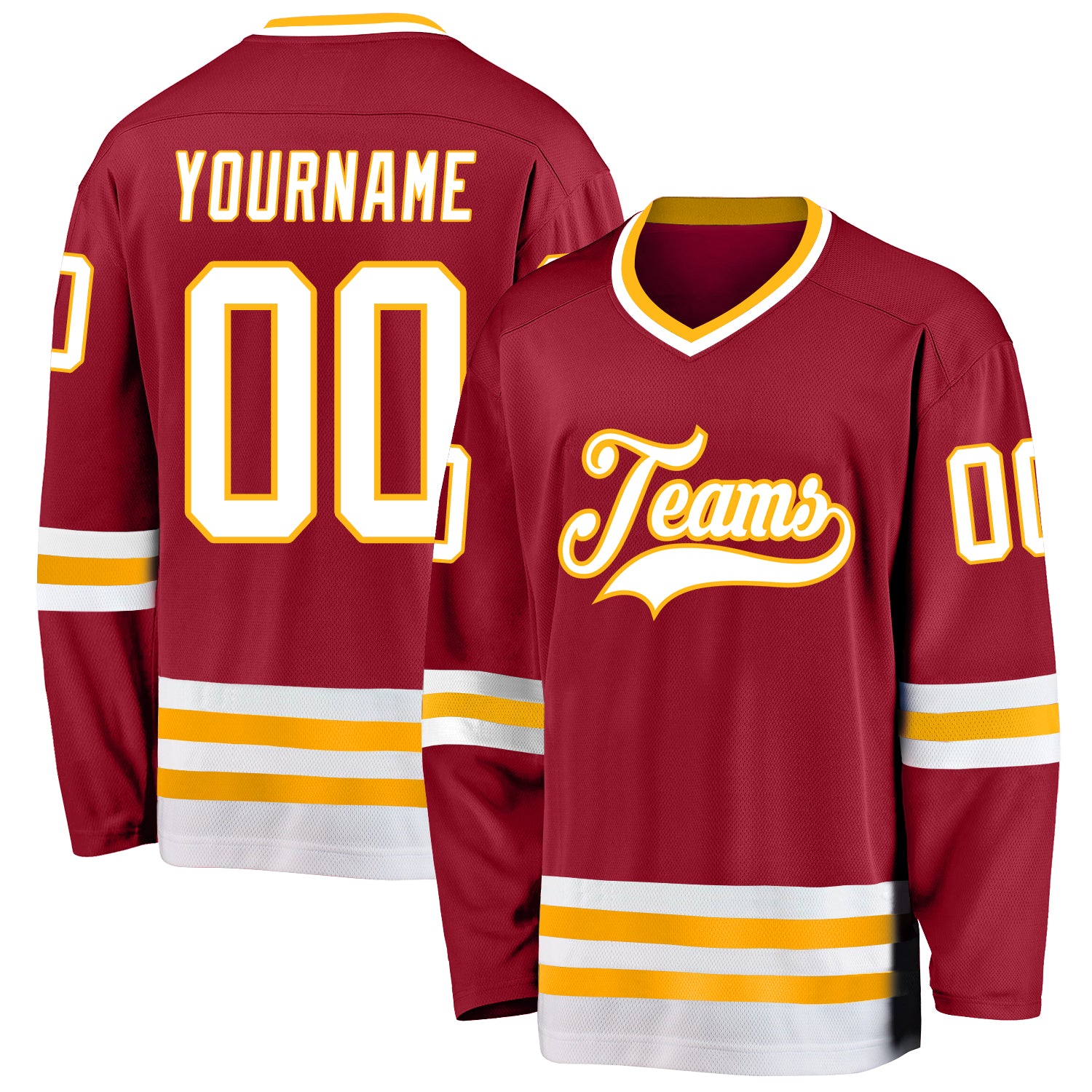 Custom Maroon White Gold Hockey Jersey with Personalized Name & Number - Team Apparel Personalized Maroon White-Gold Hockey