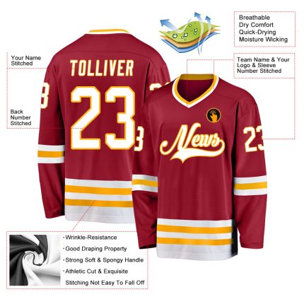Custom Maroon White Gold Hockey Jersey with Personalized Name & Number - Team Apparel Personalized Maroon White-Gold Hockey