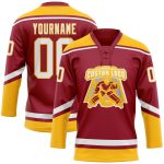 Custom Name Number Maroon White-Gold Hockey Lace Neck Jersey Personalized Team Apparel Personalized Maroon White-Gold Hockey