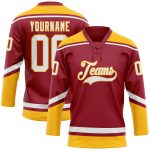 Custom Name Number Maroon White-Gold Hockey Lace Neck Jersey Personalized Team Apparel Personalized Maroon White-Gold Hockey