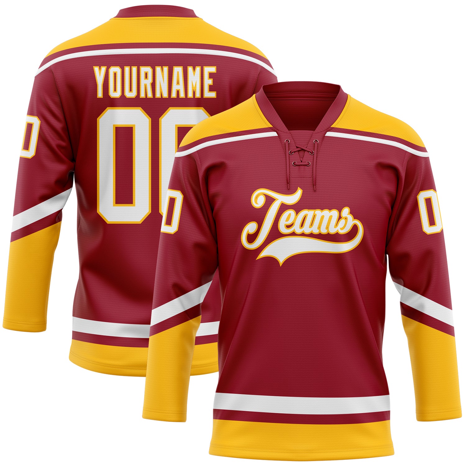 Custom Name Number Maroon White-Gold Hockey Lace Neck Jersey Personalized Team Apparel Personalized Maroon White-Gold Hockey