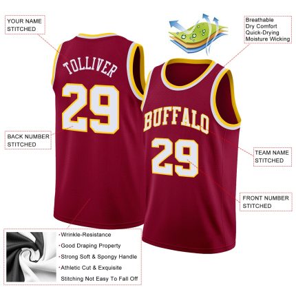 Custom Maroon White-Gold Rib-Knit Basketball Jersey with Personalized Name and Number - Team Apparel Personalized Maroon