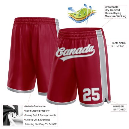 Custom Maroon Basketball Shorts with Name and Number - Authentic Gray-White Team Gear Personalized Maroon White-Gray Authentic