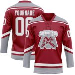 Custom Name and Number Maroon White Gray Hockey Jersey with Lace Neck - Personalized Team Apparel Personalized Maroon White-Gray