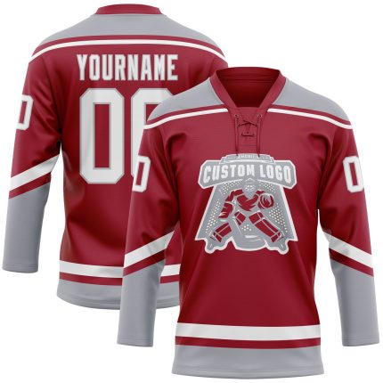 Custom Name and Number Maroon White Gray Hockey Jersey with Lace Neck - Personalized Team Apparel Personalized Maroon White-Gray