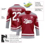 Custom Name and Number Maroon White Gray Hockey Jersey with Lace Neck - Personalized Team Apparel Personalized Maroon White-Gray