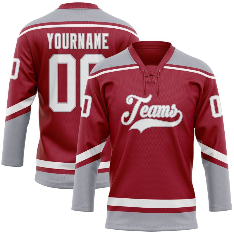 Custom Name and Number Maroon White Gray Hockey Jersey with Lace Neck - Personalized Team Apparel Personalized Maroon White-Gray