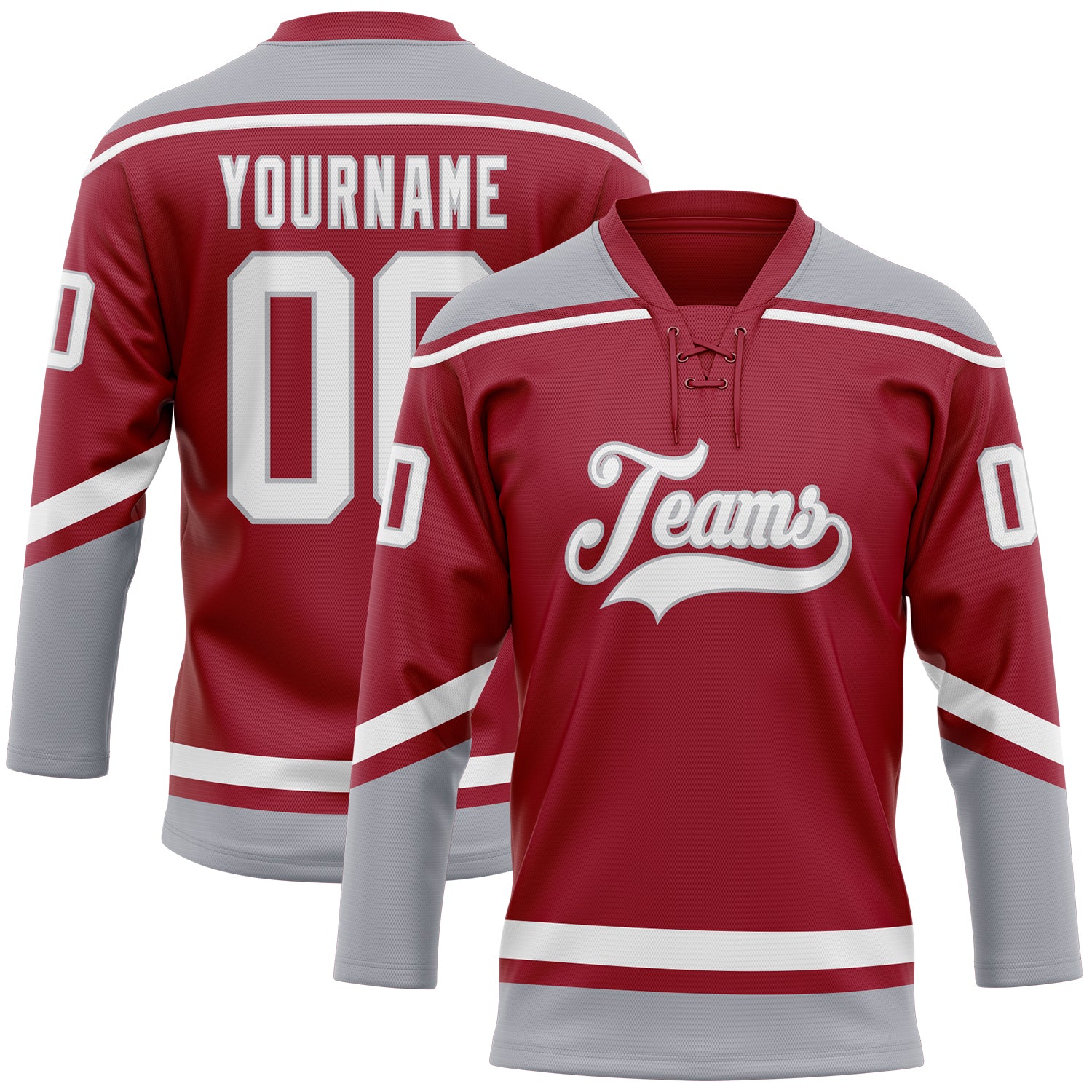 Custom Name and Number Maroon White Gray Hockey Jersey with Lace Neck - Personalized Team Apparel Personalized Maroon White-Gray