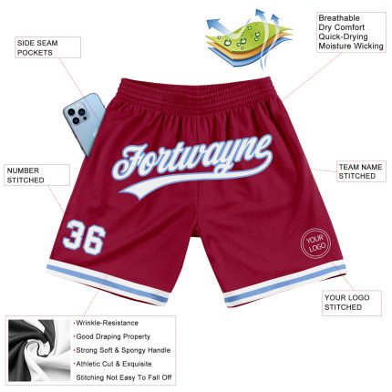 Personalized Authentic Basketball Shorts in Maroon, White, and Light Blue - Throwback Style Personalized Maroon White-Light