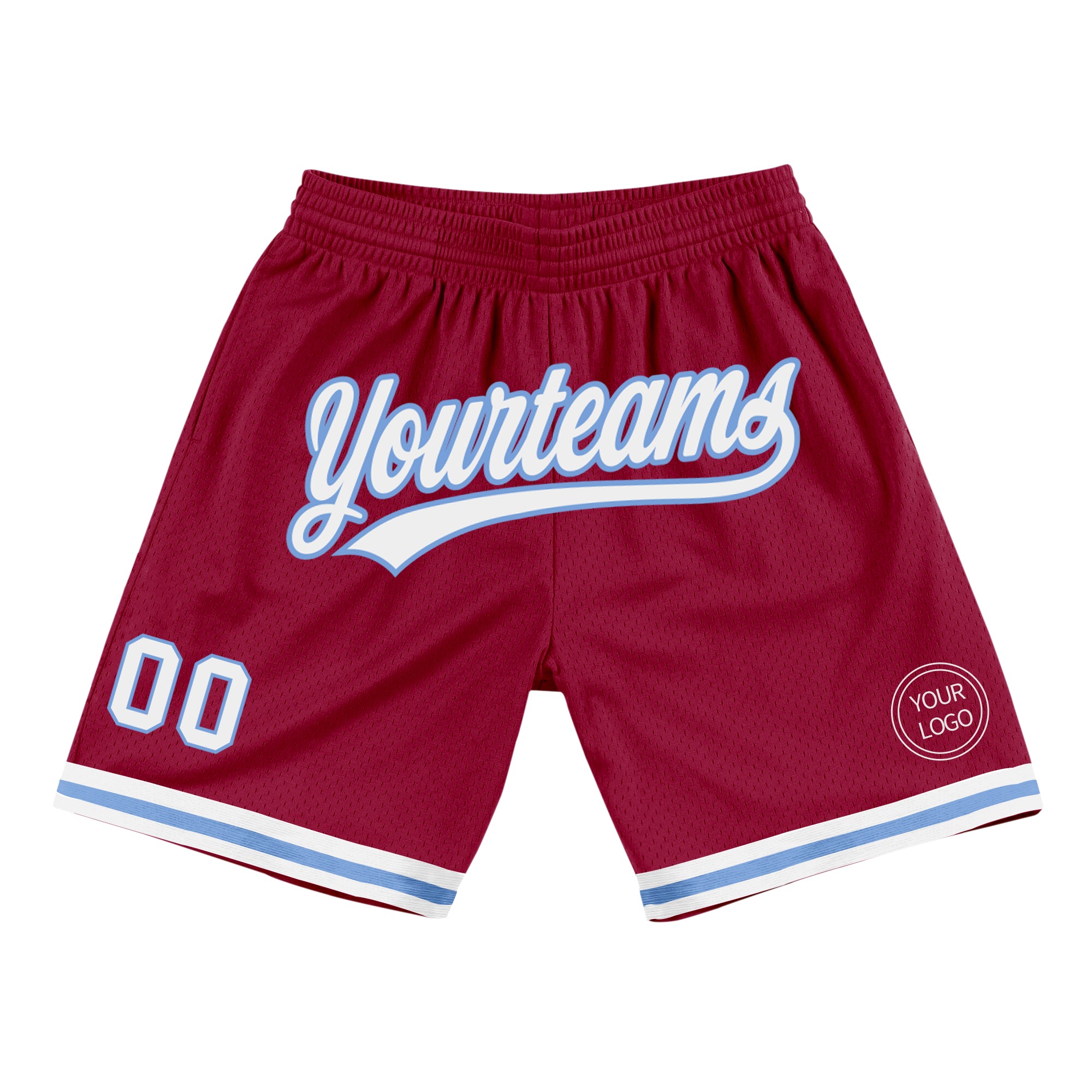 Personalized Authentic Basketball Shorts in Maroon, White, and Light Blue - Throwback Style Personalized Maroon White-Light
