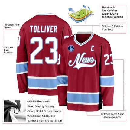 Custom Personalized Hockey Jersey with Name & Number - Maroon White-Light Blue Team Colors Personalized Maroon White-Light