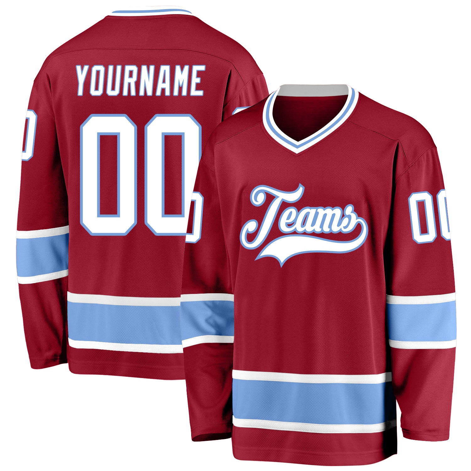 Custom Personalized Hockey Jersey with Name & Number - Maroon White-Light Blue Team Colors Personalized Maroon White-Light