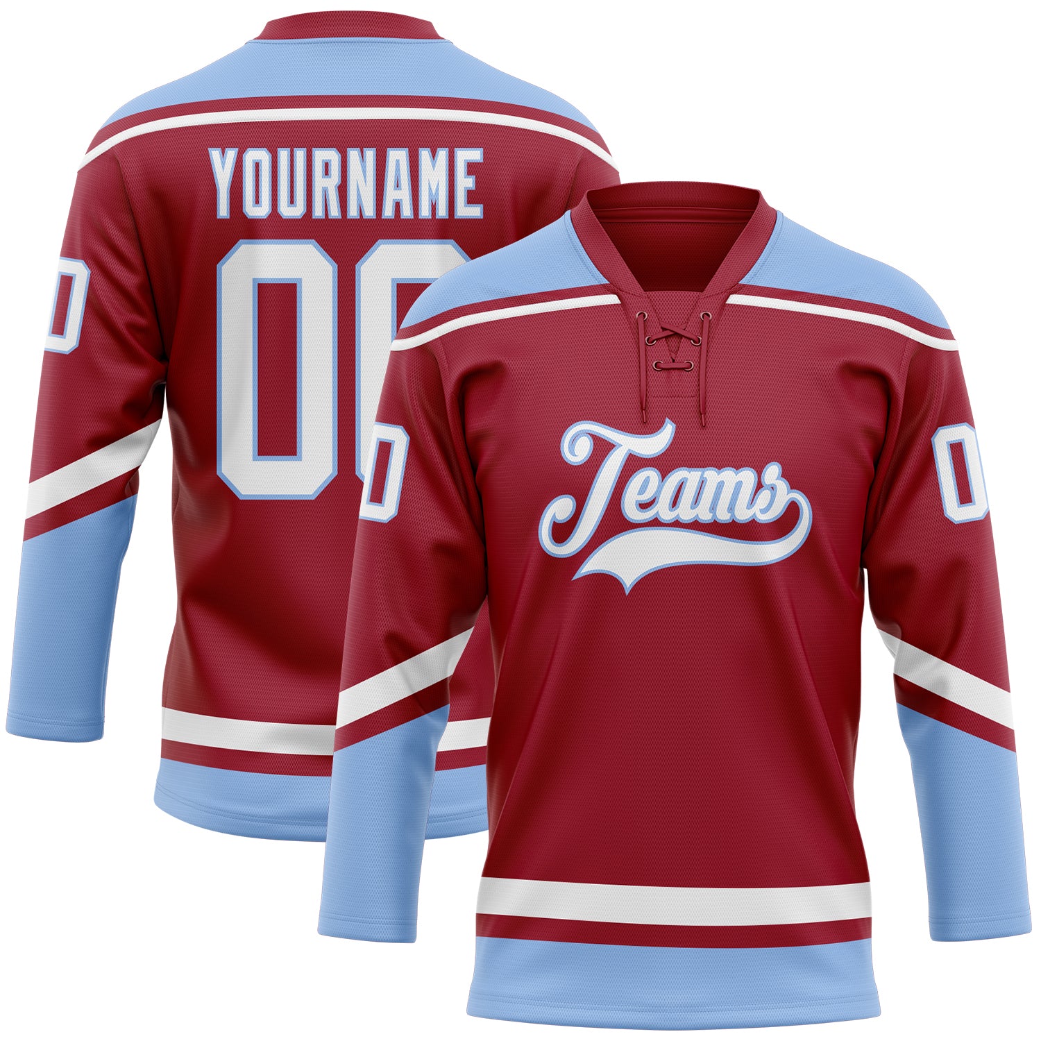 Customizable Maroon and Light Blue Hockey Lace Neck Jersey with Personalized Name and Number - Team Apparel Personalized