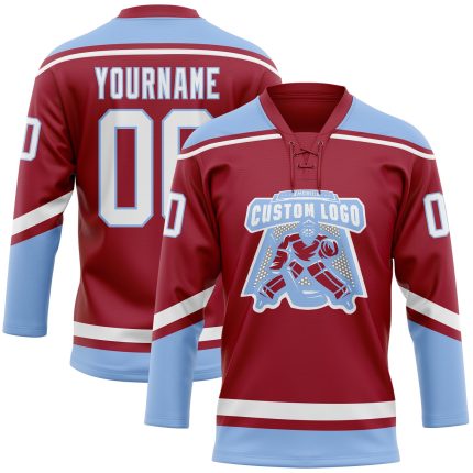 Customizable Maroon and Light Blue Hockey Lace Neck Jersey with Personalized Name and Number - Team Apparel Personalized