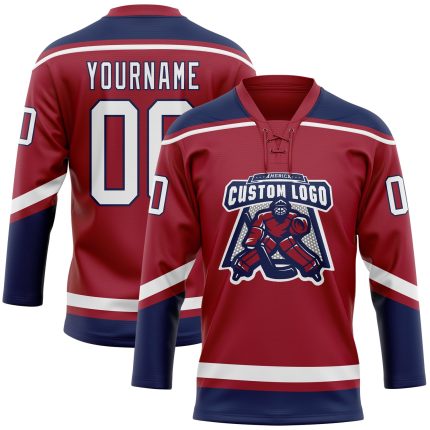 Custom Team Name and Number Hockey Jersey in Maroon White-Navy Lace Neck Design Personalized Maroon White-Navy Hockey Lace