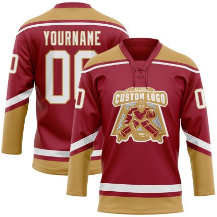 Custom Name and Number Hockey Lace Neck Jersey, Maroon White Old Gold Team Gear Personalized Maroon White-Old Gold Hockey