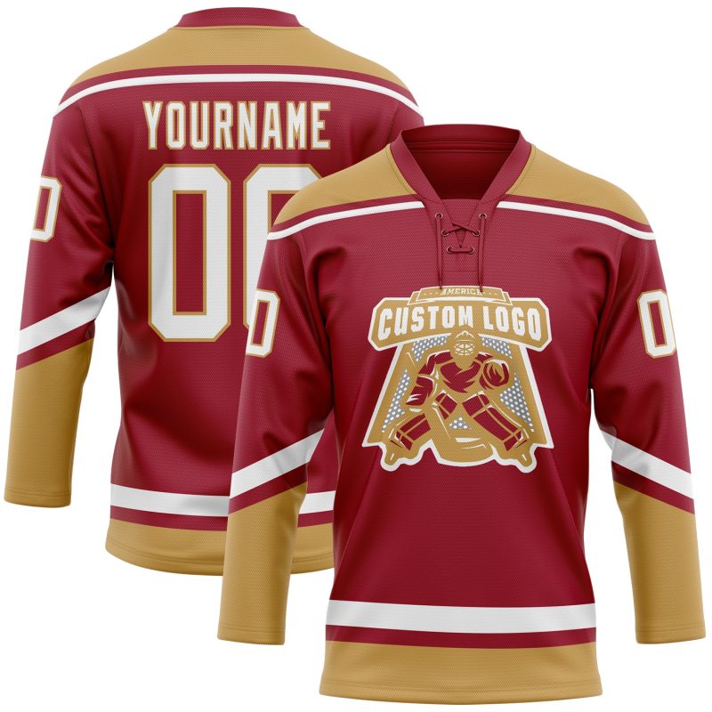 Custom Name and Number Hockey Lace Neck Jersey, Maroon White Old Gold Team Gear Personalized Maroon White-Old Gold Hockey