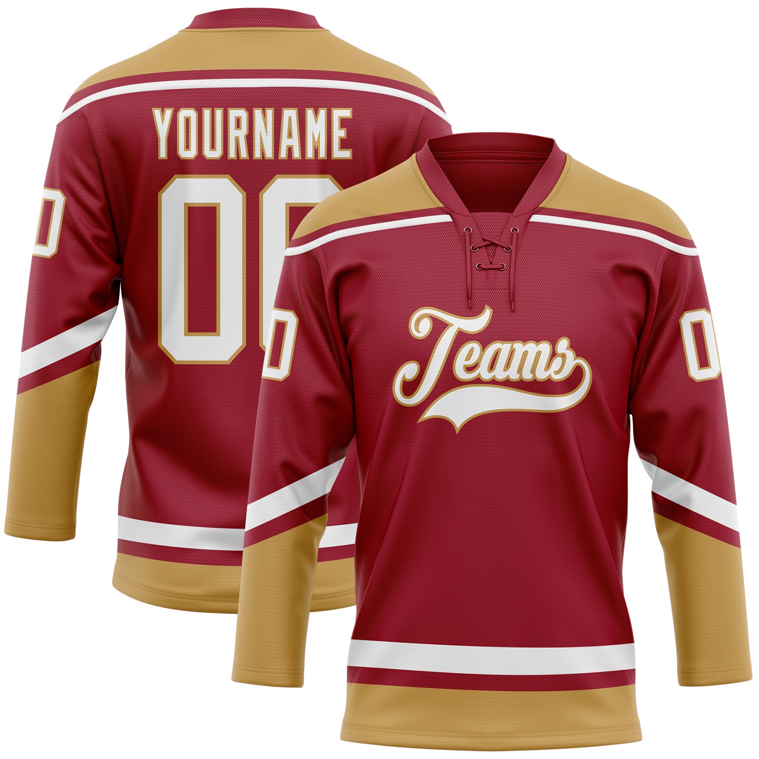 Custom Name and Number Hockey Lace Neck Jersey, Maroon White Old Gold Team Gear Personalized Maroon White-Old Gold Hockey