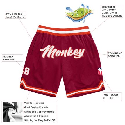 Custom Authentic Throwback Basketball Shorts with Personalized Name and Number - Maroon White-Orange Team Colors Personalized