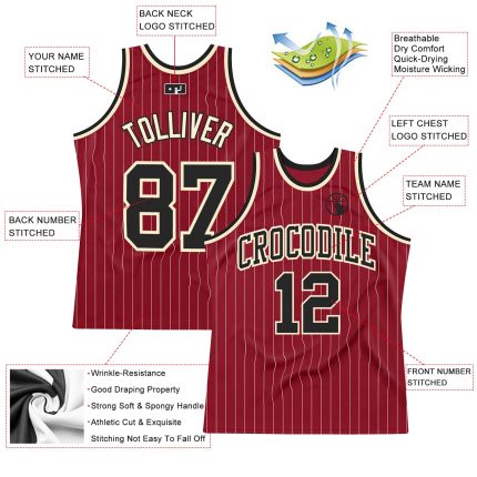Custom Name Number Basketball Jersey - Authentic Maroon White Pinstripe Black Cream Team Apparel Personalized Maroon White