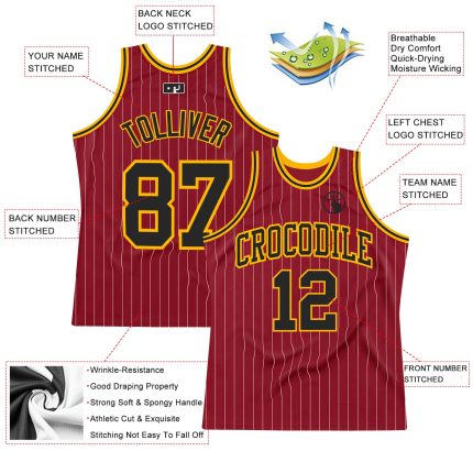 Custom Name and Number Basketball Jersey - Authentic Maroon White Pinstripe Black-Gold Design Personalized Maroon White Pinstripe