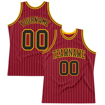 Custom Name and Number Basketball Jersey - Authentic Maroon White Pinstripe Black-Gold Design Personalized Maroon White Pinstripe