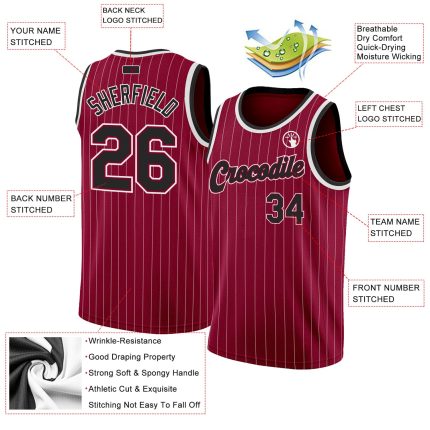 Custom Name Number Basketball Jersey - Personalized Maroon White Pinstripe Authentic Black White Design Personalized Maroon