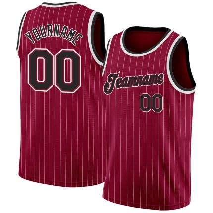 Custom Name Number Basketball Jersey - Personalized Maroon White Pinstripe Authentic Black White Design Personalized Maroon