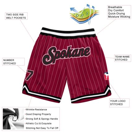 Custom Team Name Number Authentic Basketball Shorts Maroon White Pinstripe Black-White Personalized Maroon White Pinstripe