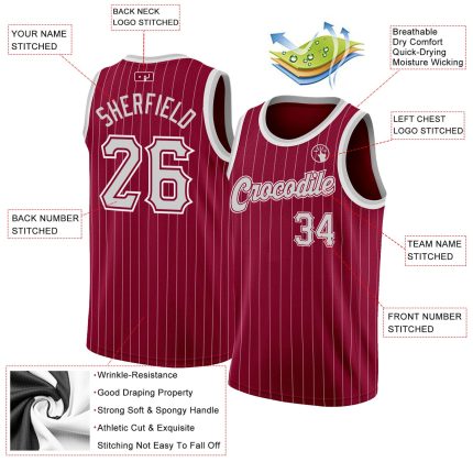 Custom Name and Number Authentic Basketball Jersey - Maroon White Pinstripe Gray White Personalized Maroon White Pinstripe