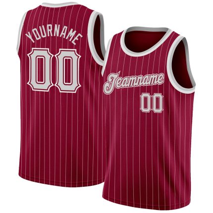 Custom Name and Number Authentic Basketball Jersey - Maroon White Pinstripe Gray White Personalized Maroon White Pinstripe