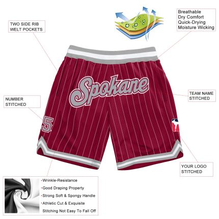 Custom Name and Number Basketball Shorts - Personalized Maroon White Pinstripe Gray-White Authentic Team Gear Personalized