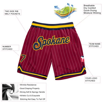 Custom Team Name Number Authentic Basketball Shorts Maroon White Pinstripe Navy Gold Personalized Maroon White Pinstripe