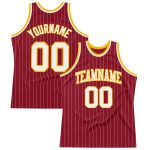 Personalized Maroon and White Pinstripe Authentic Basketball Jersey - White-Gold Design Personalized Maroon White Pinstripe