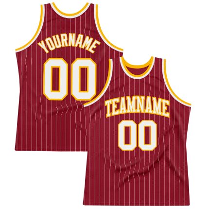 Personalized Maroon and White Pinstripe Authentic Basketball Jersey - White-Gold Design Personalized Maroon White Pinstripe