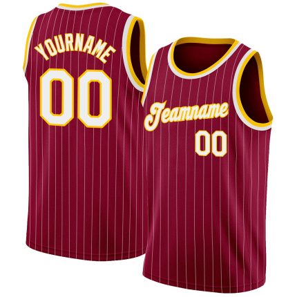 Custom Maroon White Pinstripe Authentic Basketball Jersey with Gold Accents - Personalized Team Name & Number Personalized