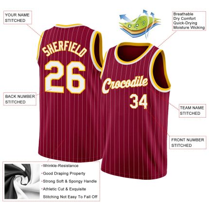 Custom Maroon White Pinstripe Authentic Basketball Jersey with Gold Accents - Personalized Team Name & Number Personalized