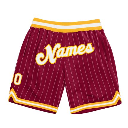 Custom Team Basketball Shorts with Name and Number - Maroon White Pinstripe Authentic White-Gold Design Personalized Maroon