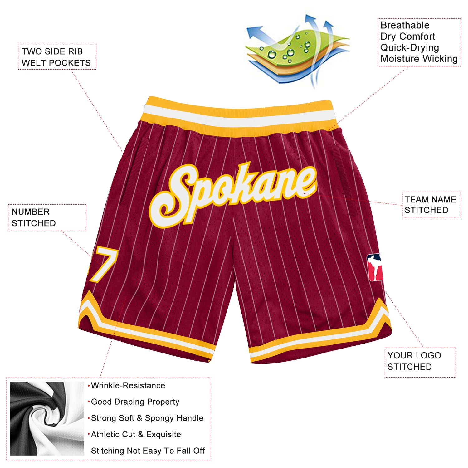 Personalized Maroon White Pinstripe White-Gold Authentic Basketball Shorts Team Custom Name and Number Custom Team Basketball Shorts with Name and Number - Maroon White Pinstripe Authentic White-Gold Design Personalized Maroon - Image 2