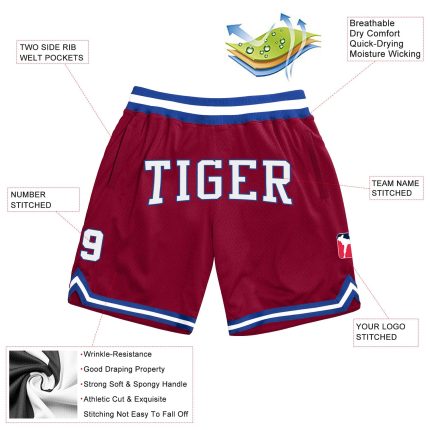Custom Maroon White-Royal Basketball Shorts with Name and Number - Personalized Authentic Throwback Team Apparel Personalized