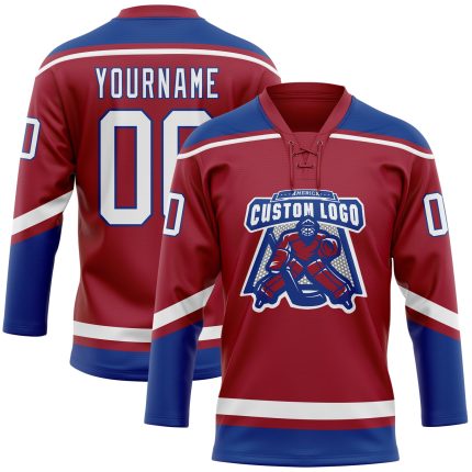 Custom Team Jersey with Personalized Name and Number in Maroon White-Royal Hockey Lace Neck Personalized Maroon White-Royal