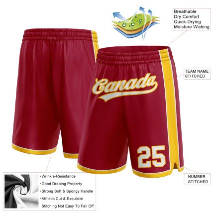 Custom Personalized Basketball Shorts with Team Name and Number - Maroon White Yellow Personalized Maroon White-Yellow Authentic