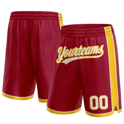Custom Personalized Basketball Shorts with Team Name and Number - Maroon White Yellow Personalized Maroon White-Yellow Authentic