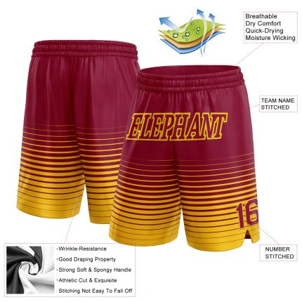 Custom Basketball Shorts with Personalized Name & Number, Maroon Yellow Pinstripe Fade Fashion Design Personalized Maroon