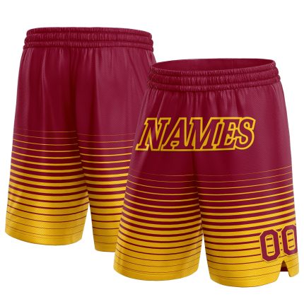 Custom Basketball Shorts with Personalized Name & Number, Maroon Yellow Pinstripe Fade Fashion Design Personalized Maroon