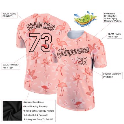 Custom Hawaiian Flamingo Team T-Shirt with Personalized Name and Number, Medium Pink Black 3D Pattern Design Personalized