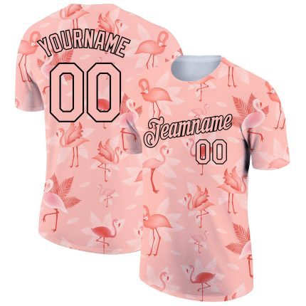 Custom Hawaiian Flamingo Team T-Shirt with Personalized Name and Number, Medium Pink Black 3D Pattern Design Personalized