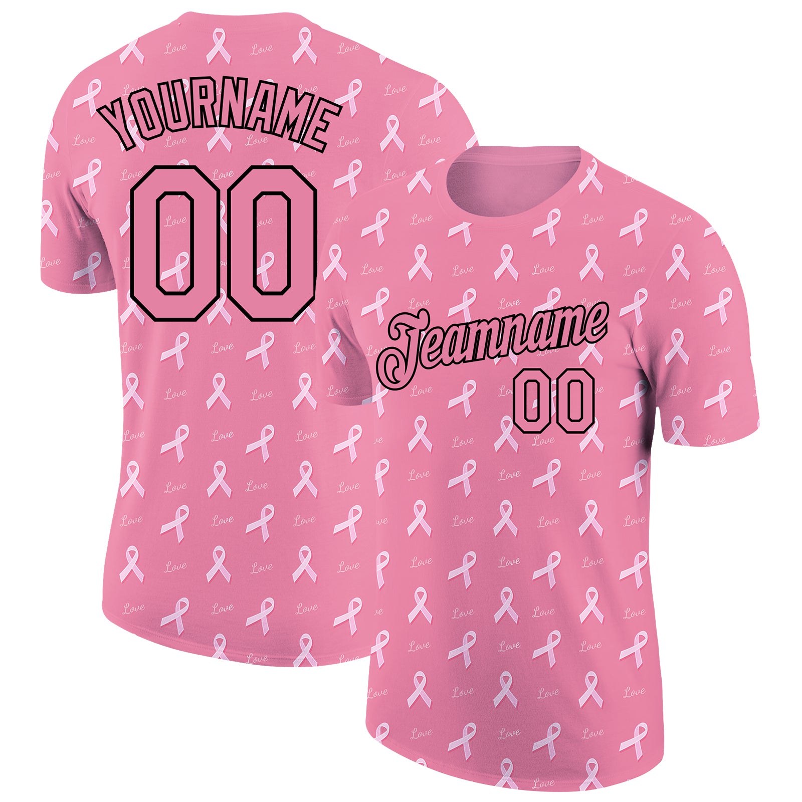 Custom Team Name 3D Pink Ribbon Breast Cancer Performance T-Shirt, Personalized Medium in Pink and Black Personalized Medium