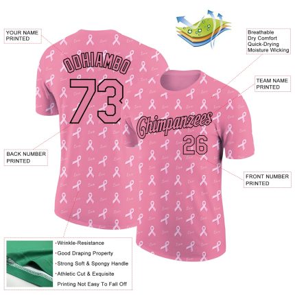 Custom Team Name 3D Pink Ribbon Breast Cancer Performance T-Shirt, Personalized Medium in Pink and Black Personalized Medium